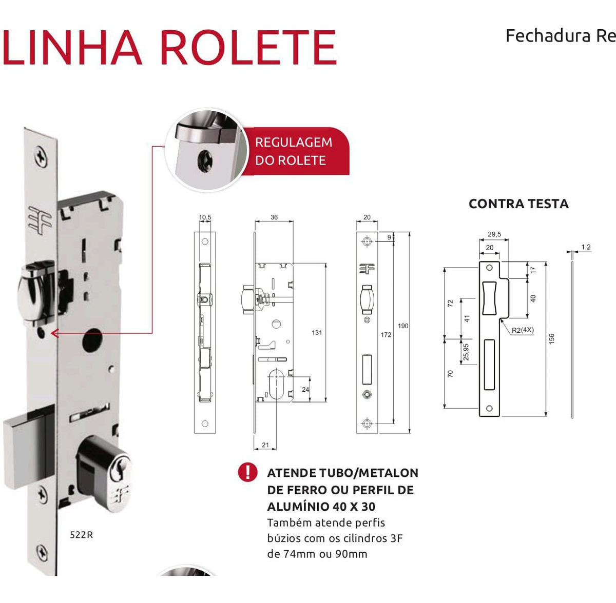 Fechadura Rolete Para Perfil Alumínio 3f 522r51 Broca 21mm - Imagem 11